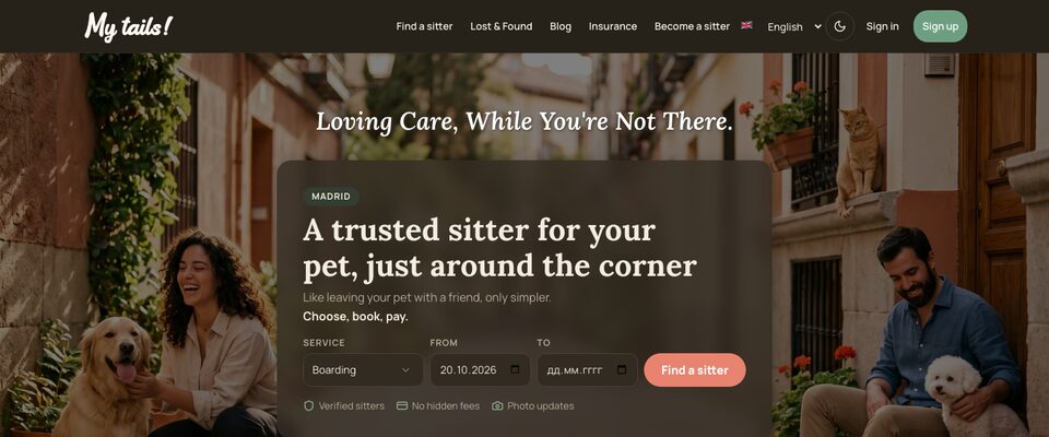 MyTails pet-sitting marketplace, home page